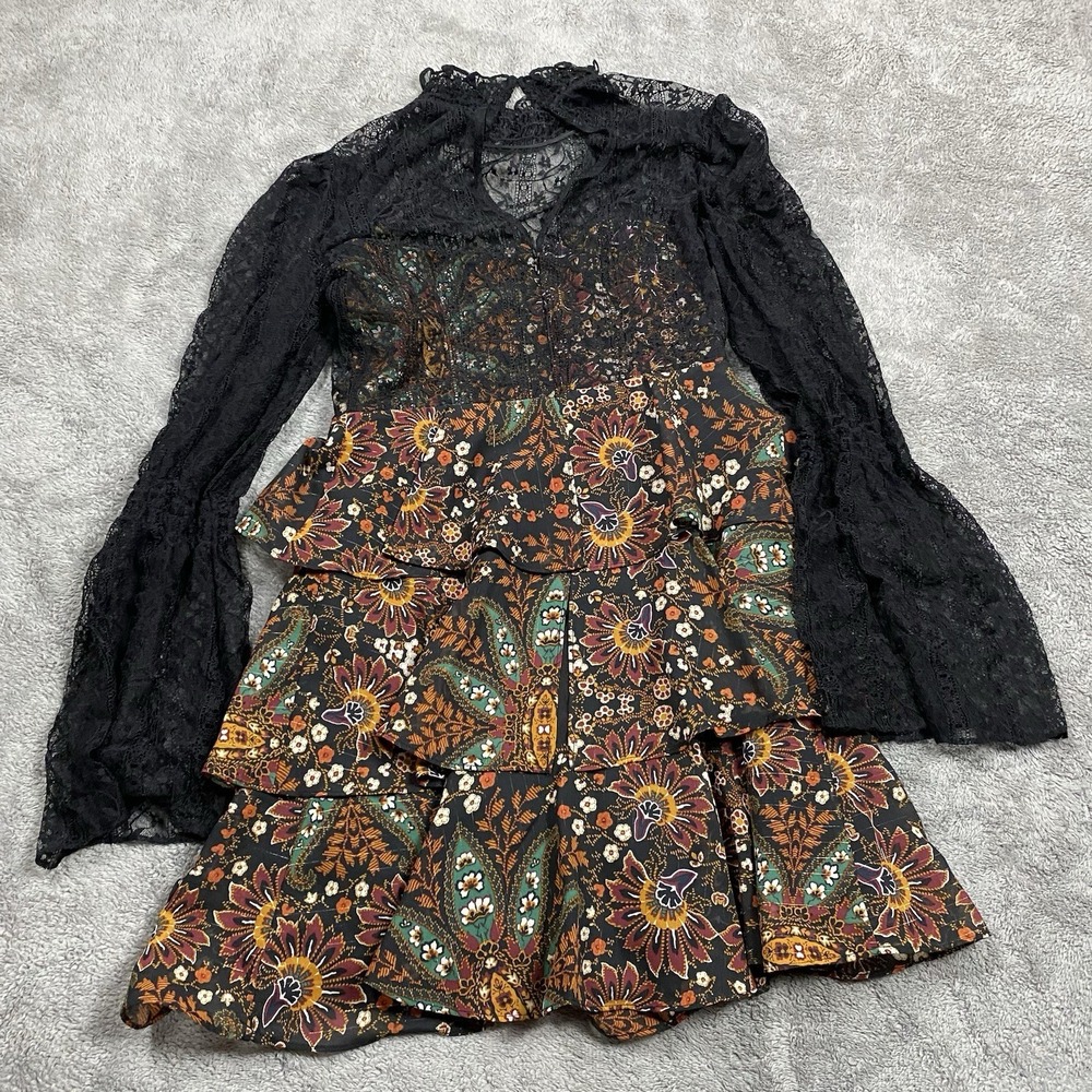 BCBGeneration Ruffle Dark Floral Dress Sheer Top Womens 4 Black Brown